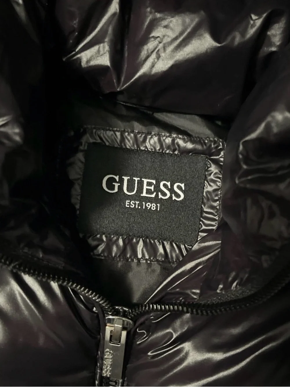 Guess Women Shiny Black Quilted Puffer Jacket with Hood